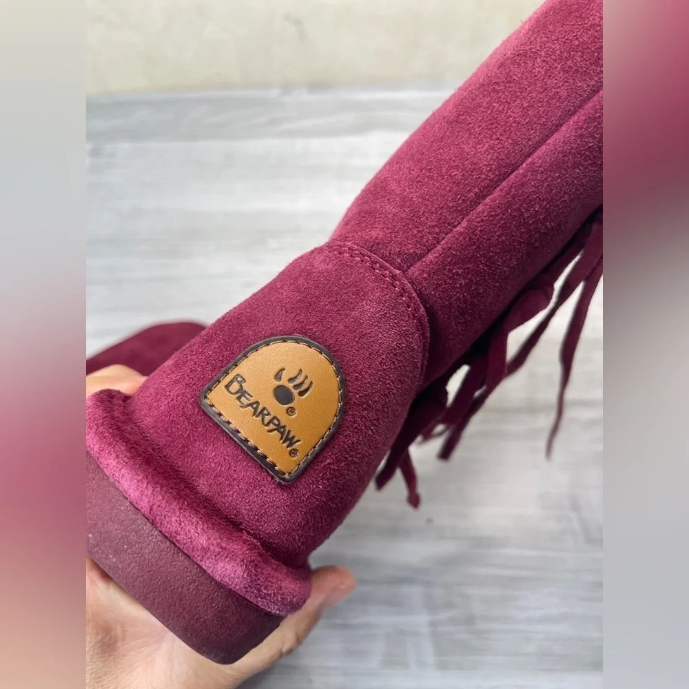 Bearpaw Arya Burgundy Maroon Suede Wool Blend Lining Fringe Winter Boots Size 7